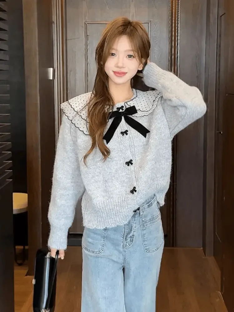 Korejepo Нежный сладкий свитер с кукольным воротником и бантом женский осенний