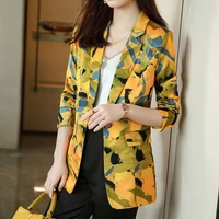 spring autumn new casual suit coat women printed style yellow