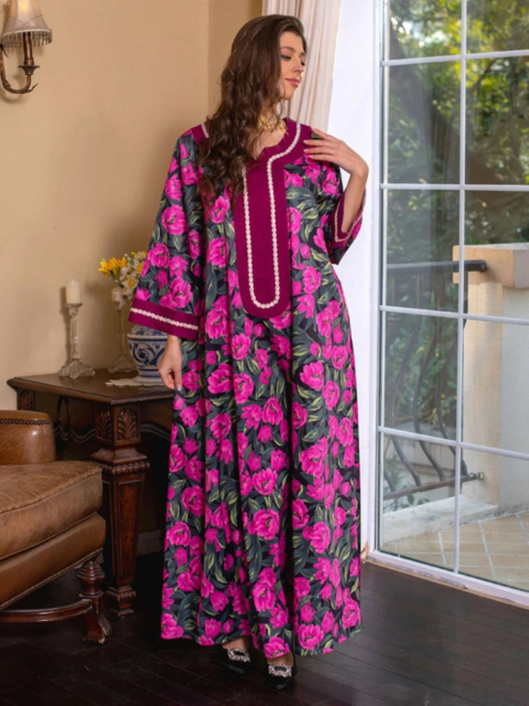 Abaya Dubai Turkey Muslim Hijab Dress Floral Printed Dress Luxury Diamonds V-neck Patchwork Long Sleeve Ramadan Clothes Spring