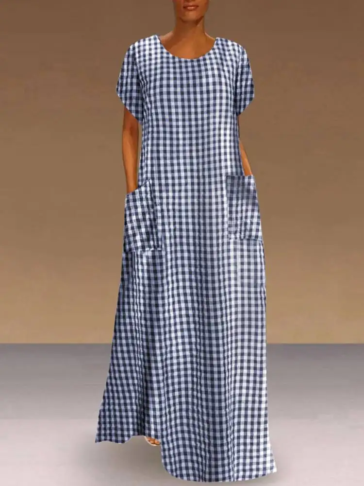 

Women Dress Vintage Bohemian Maxi Long Dress Loose Sundress Plaid Printed Sundress VONDA Casual Robe Femme Vestido