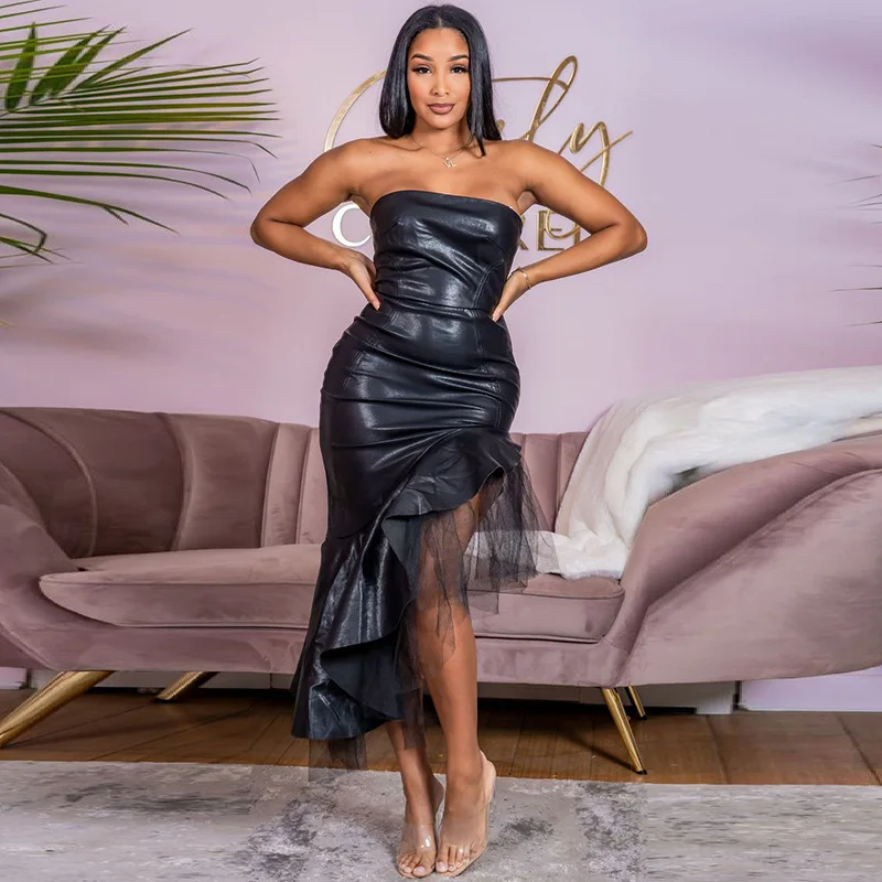 

2022 New Faux Leather PU Dress Women Outfit Club Sexy Party Wear Pleated Black Split Patchwork Mesh Ruffles Dress Vestido Midi