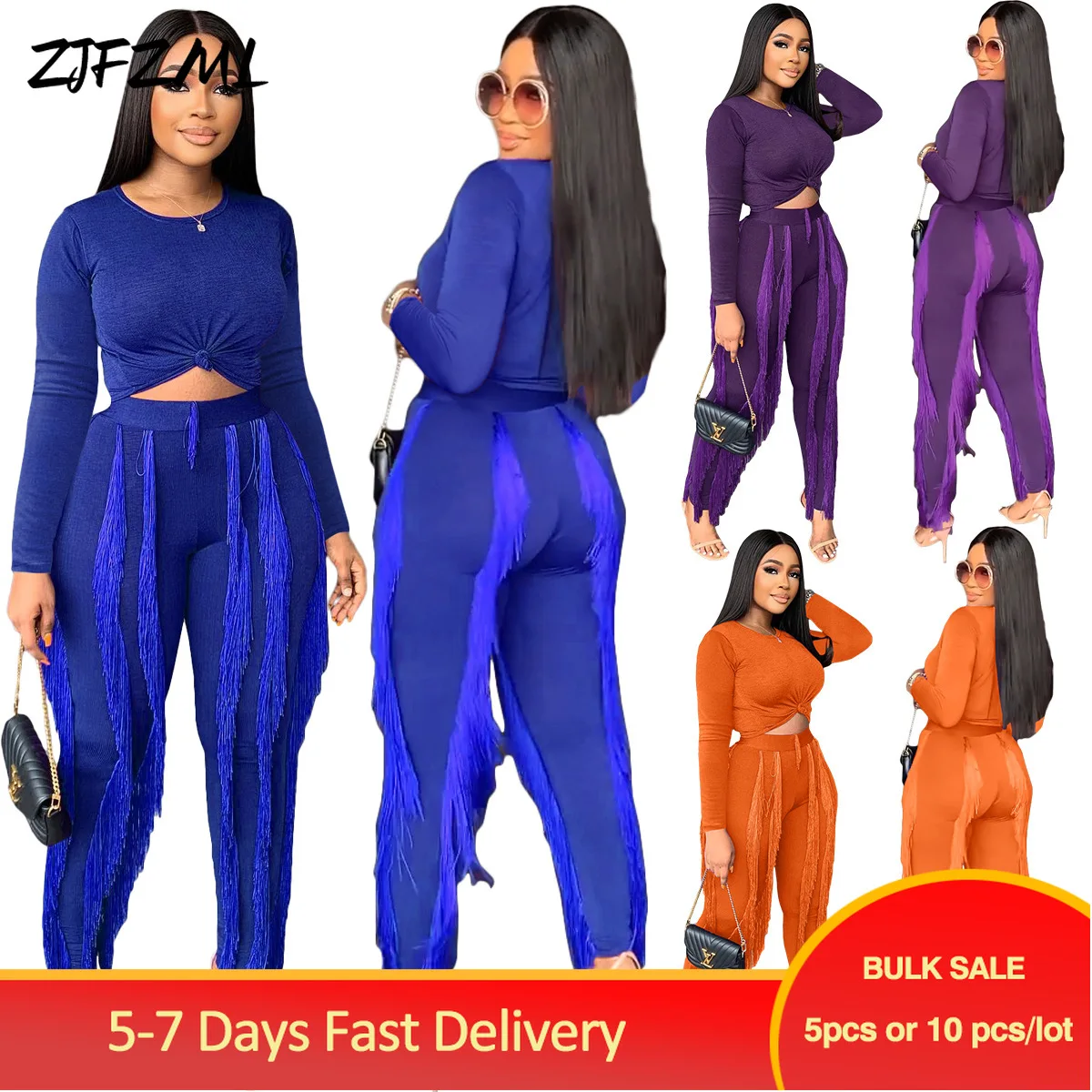

Bulk Items Wholesale Lots Spring Autumn Women's Tracksuits Pure Color Full Sleeve Tops+high Waist Tassel Pencil Pant Club Outfit