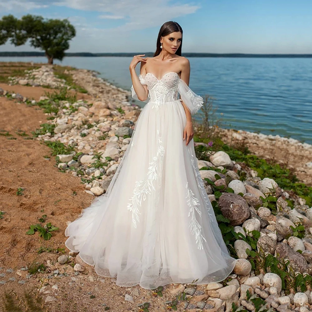 

Elegant Womens Long Wedding Dresses with Lace Appliques Strapless Off the Shoulder Lace Up A-Lline Bridal Gown