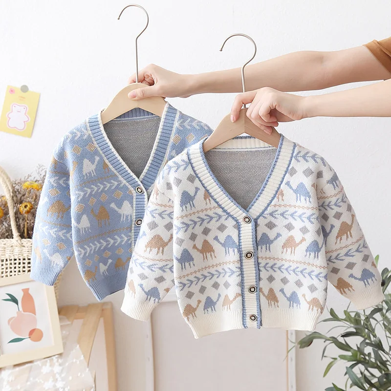 

Boys Dinosaur Cartoon Sweater Cardigan 2023 Autumn/Winter Baby Knitted V-neck Outerwear Children's Coat