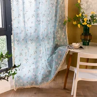 Semi Blackout Curtains for Kitchen Living Room Bedroom Home Decoration Curtains American Style Blue Floral Print Cotton Linen