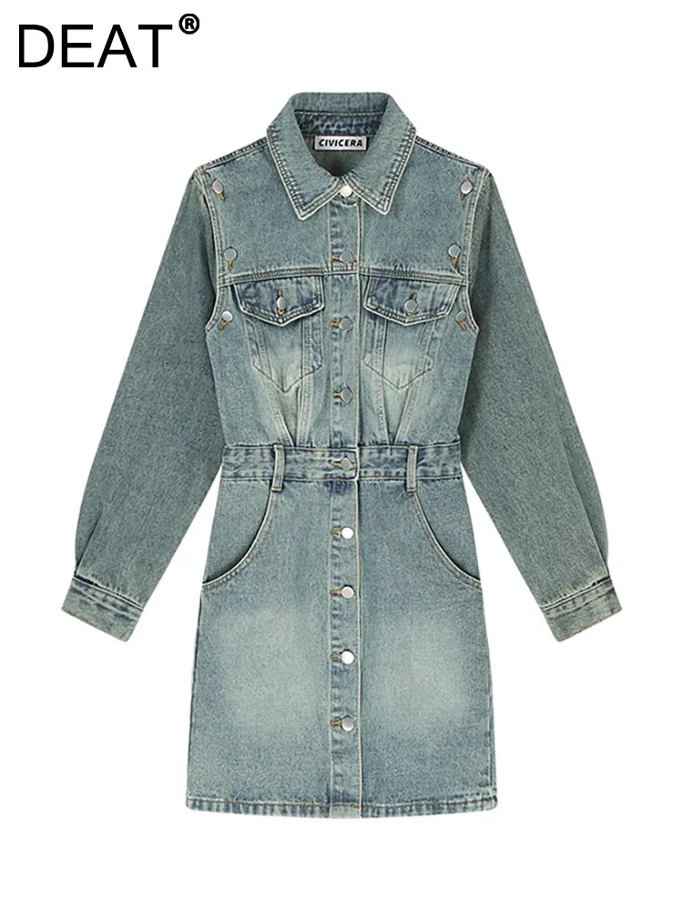 

DEAT Women's Denim Dress Detachable Long Sleeves Design Pockets Single Breasted Short Dresses 2023 Winter New Fashion 29L6290