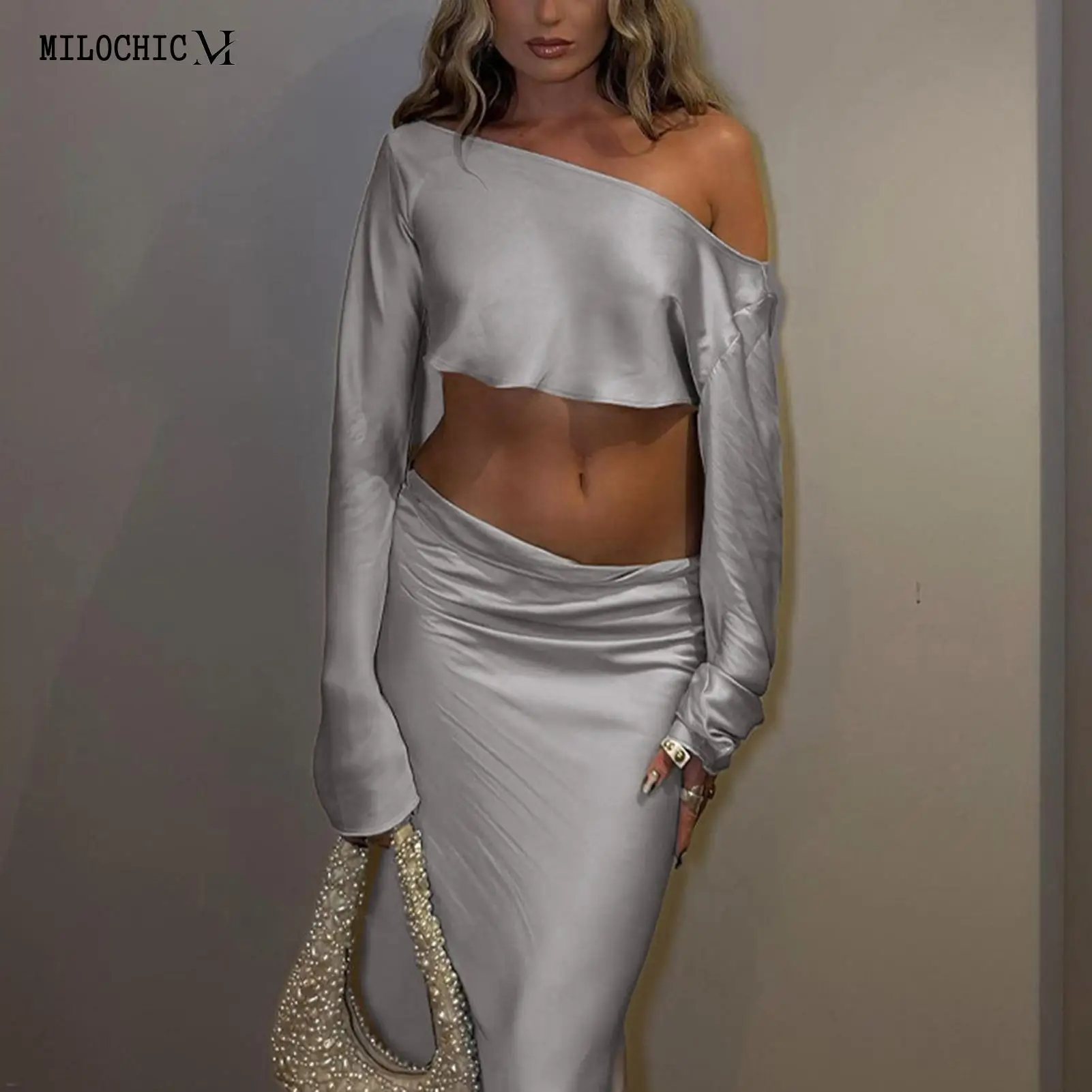 

Women Summer 2 Pieces Set Asymmetrical Ladies Navel Exposed Top Long Skirt Solid Color Vintage Style Off Shoulder Daily Clothing