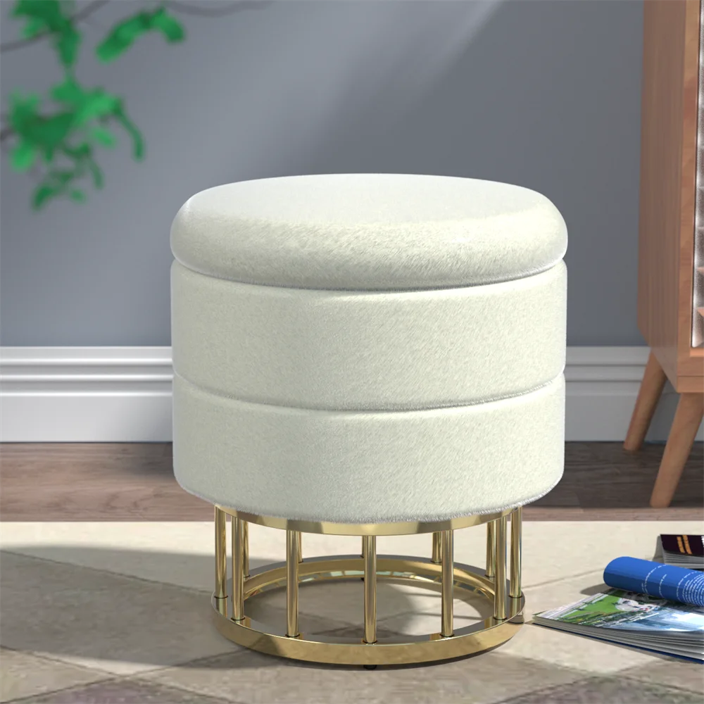 

Button Tufted Round Storage Ottoman for Living Room & Bedroom Gold Stainless Steel Leg Makeup Stool