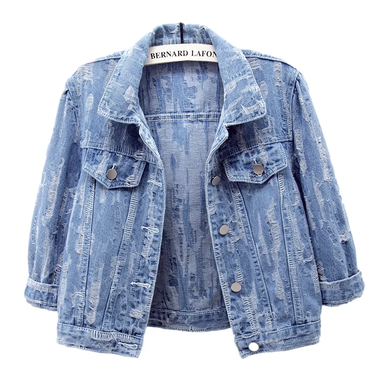 

Spring Summer Thin Vintage Blue Denim Jacket Women Slim Short Cowboy Outerwear Three Quarter Sleeve Frayed Jeans Jacket Female