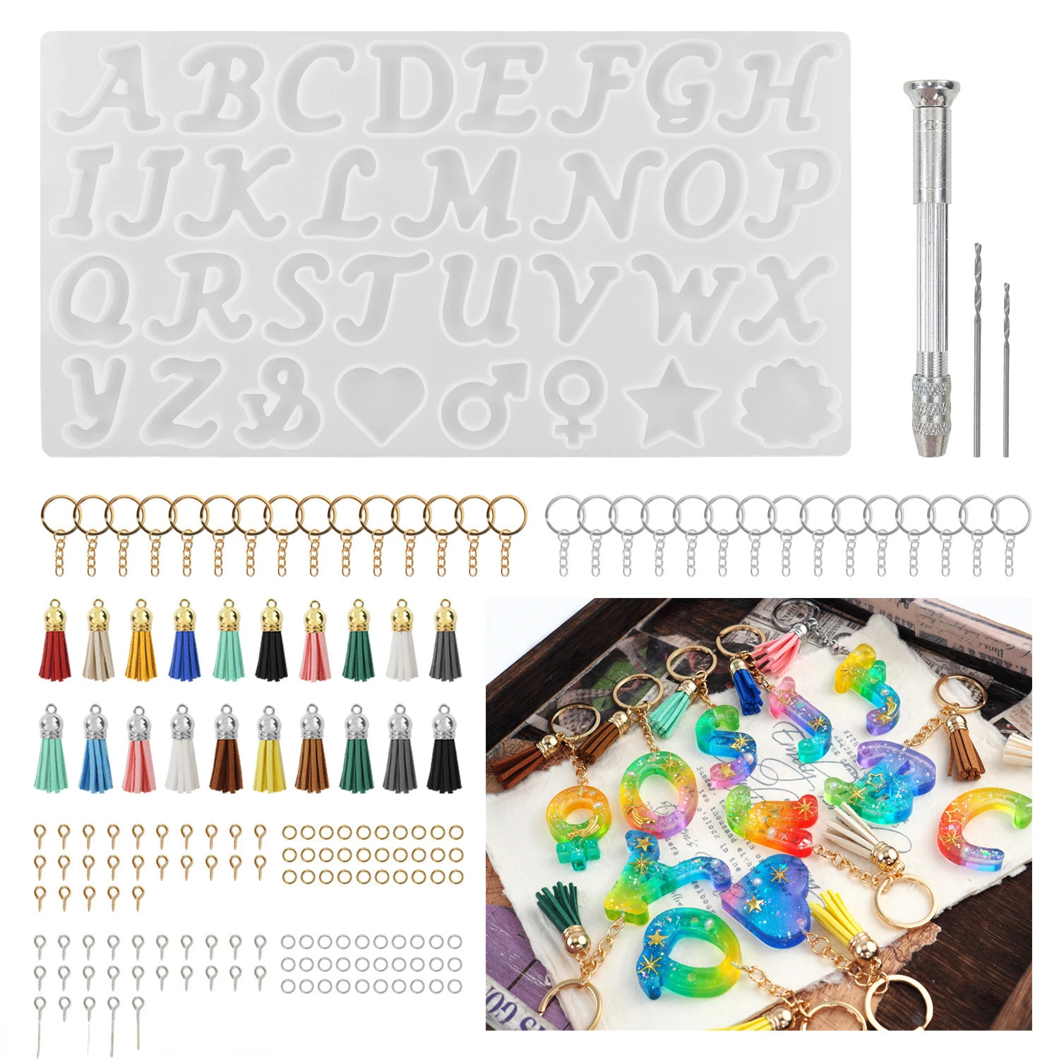 

Alphabet Keychain Making Silicone Mold with Drill Set Resin Casting DIY Letter Charms Resin Mold Kit for Beginner