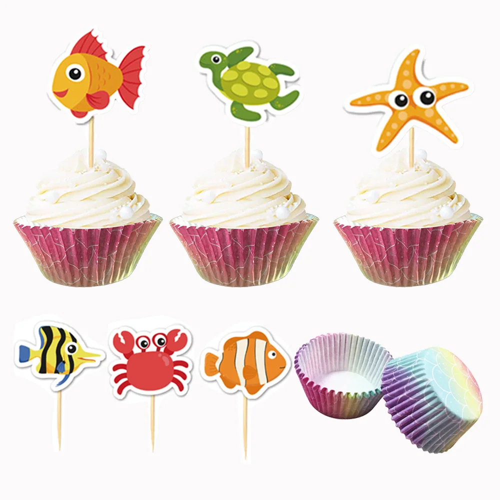 

48pcs Mermaid Birthday Baby Shower Party Decorations Cupcake Wrapper Liner Paper Baking Cup Covers Sea Animals Toothpicks