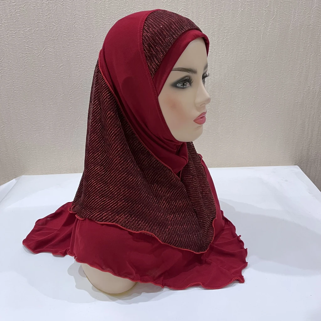 H076 latest muslim big girls amira hijab with lurex layer high quality islamic scarf arab hat women's headwrap ramadan pray hats