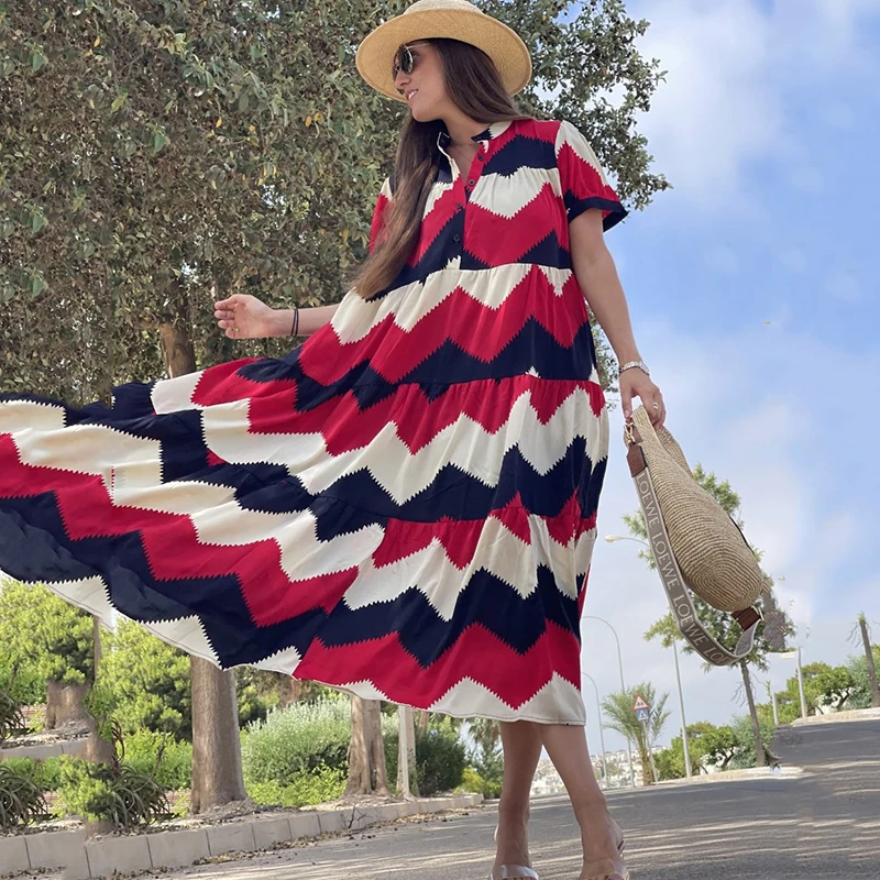 

Women Beach Summer Dress V-neck Short Sleeve Patchwork Big Hem Fashion Casual Loose Vitality Sweet Dress Female Clothing 2023