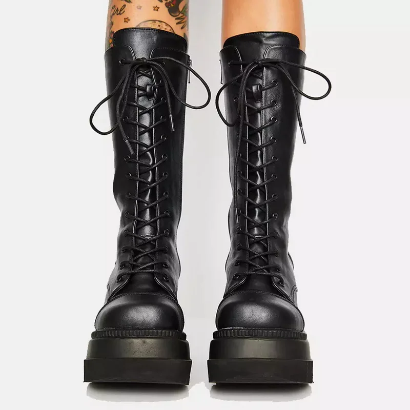 

Punk Style Lace-Up Winter Platform Long Boots Women High Heels Chunky Boots Mid Calf Party Wedge Shoes Women Botas Mujer 2022