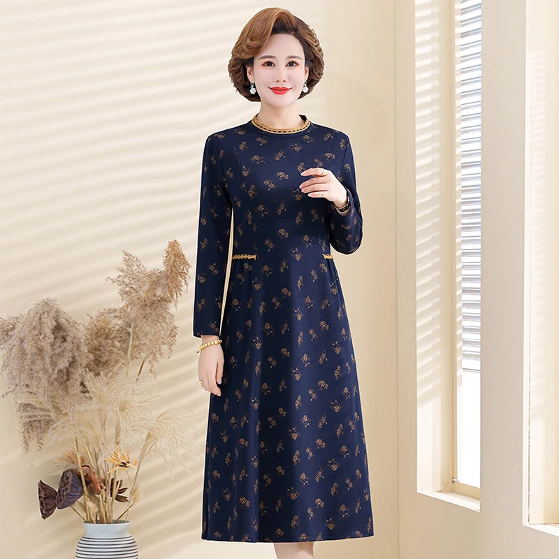 Evening Party Dress Elegant Spring and Autumn Women New Lace Collar Retro Knitted Fabric Dress Printing Party Blue Dress