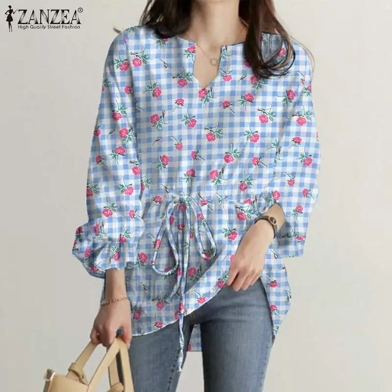 

Floral Printed Blouse Women Casual Long Sleeve V Neck Shirt Spring Grid Chemise 2022 Fashion ZANZEA Elegant Drawstring Tunic Top