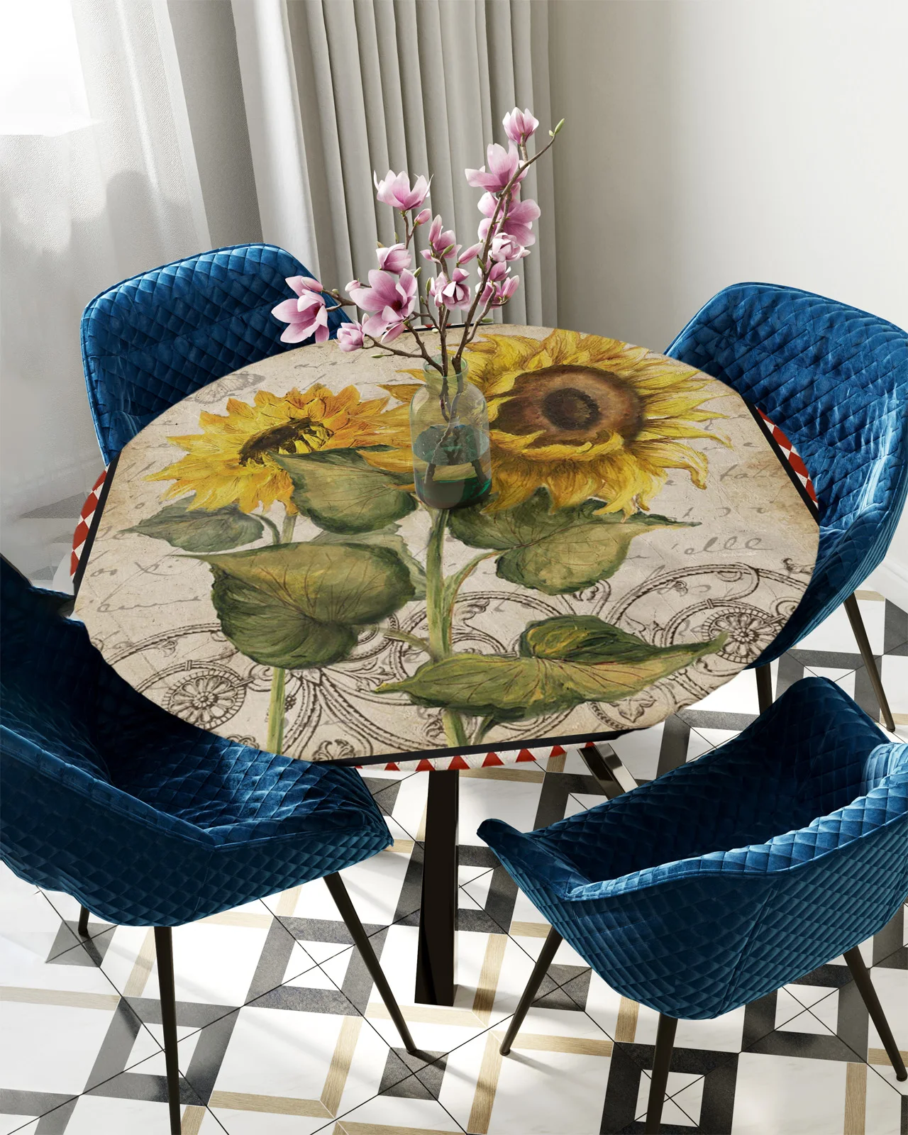 

Flower Sunflower Rhombus Retro Round Rectangular Table Cover Waterproof Elastic Tablecloth For Kitchen Table Cloth Home Decor