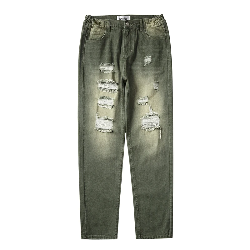 

High Street Retro Distressed Hole Frayed Jeans Pants for Men and Women Hip Hop Straight Casual Ripped Oversized Denim Trousers