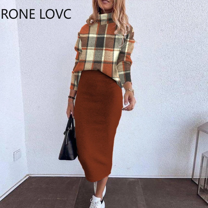 

Women Half High Neck Long Sleeves Plaid Pattern Top& Solid Skirt Spring& Autumn Casual Sweatshirt Skirt Sets