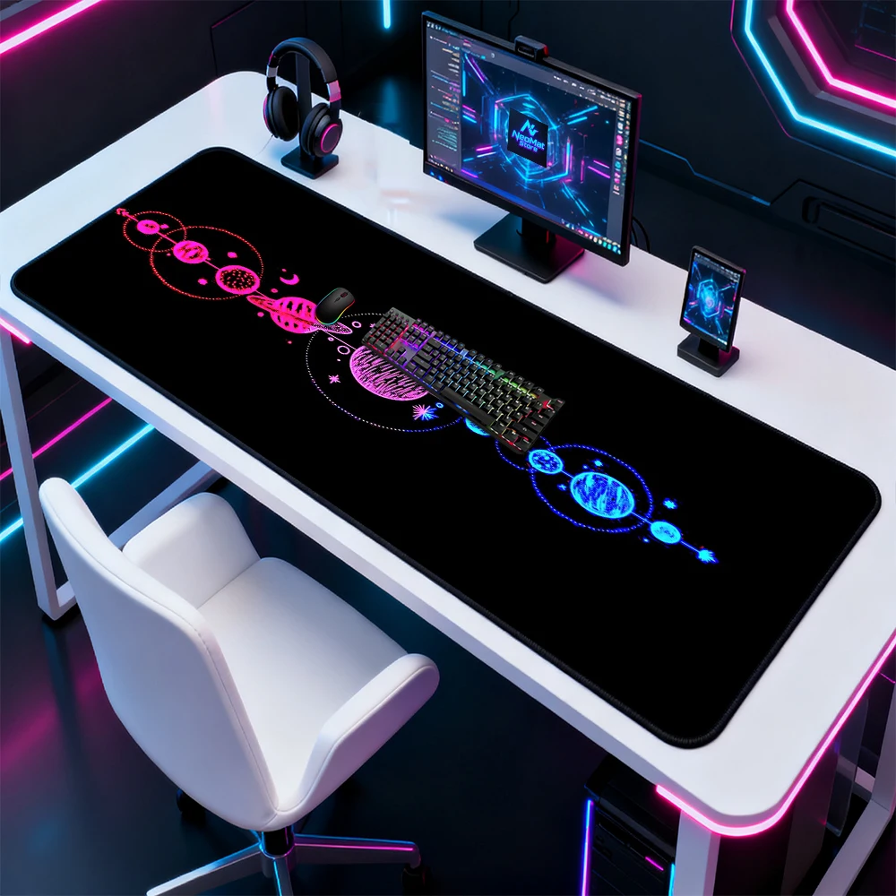 Фото Неоновый коврик для мыши Galaxy, увеличенный игровой коврик для ПК, большой настольный коврик с планетами 120x60, космический розовый, аксессуары для геймеров, коврик для мыши №1