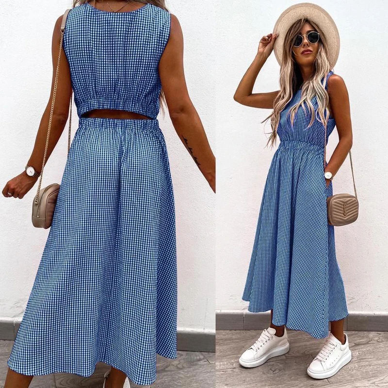 

Sexy Hollow Out Sleeveless Long Dress Women Elegant Pocket Back Casual O Neck Party Dress Summer Fashion Plaid Print Lady Dress