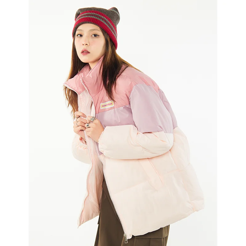 Women Pink Down Jacket Stand Collar Splicing Color Contrast Fashion Thicken Warm Feather Duck Down Female Puffer Winter Outwear