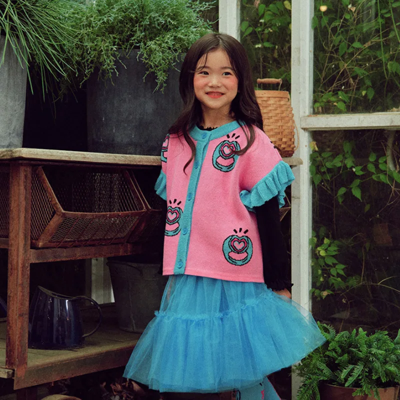 Girls Knitted Vest 2022 Autumn New Print Korean Girls Sweater Fashion Blue Girls Yarn Skirt Cotton T-shirt Children's Clothing
