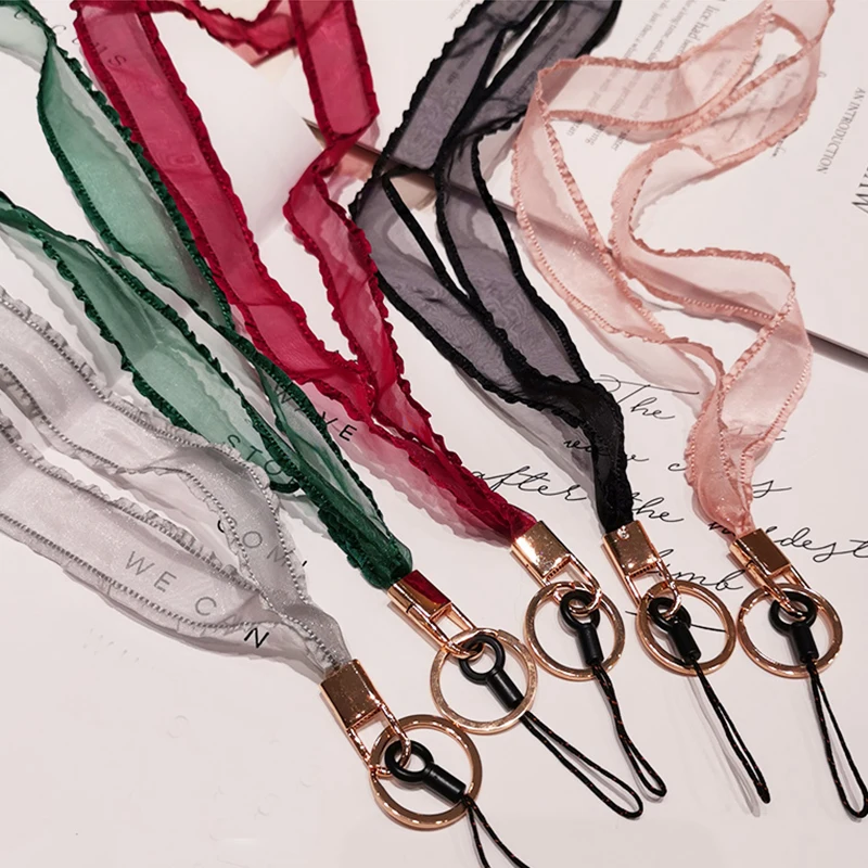 

Trendy Mobile Phone Lanyard For Women Mesh Lace Chain Phone Wist Strap Long Hanging Neck Strap Rope For Working ID Card Keychain