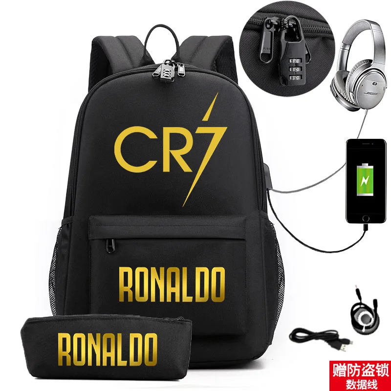 

Ronaldo printed backpack casual student school bag usb bag with lock outdoor travel bag computer bag pencil case
