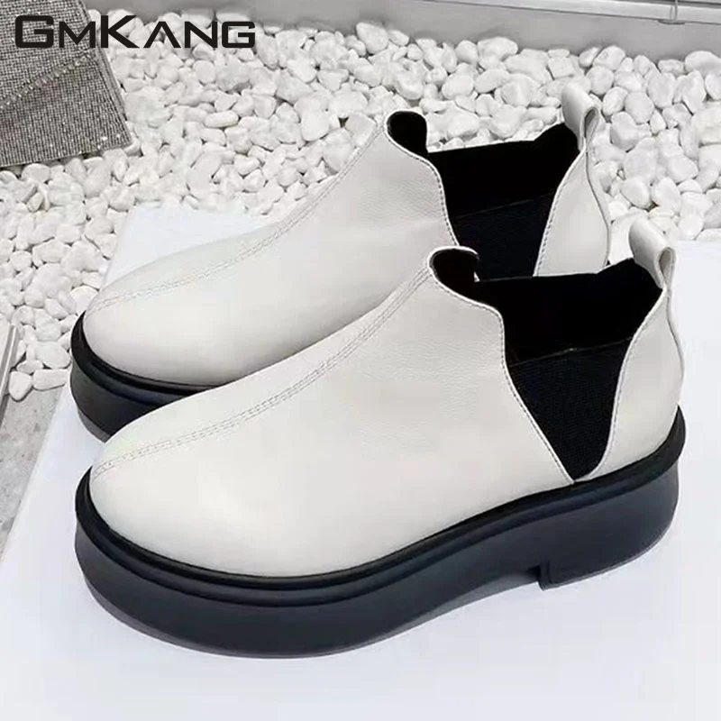 

Женские ботильоны из натуральной кожи с круглым носком, без шнуровки, короткие ботинки, обувь на толстой подошве, женская повседневная обувь на плоской подошве