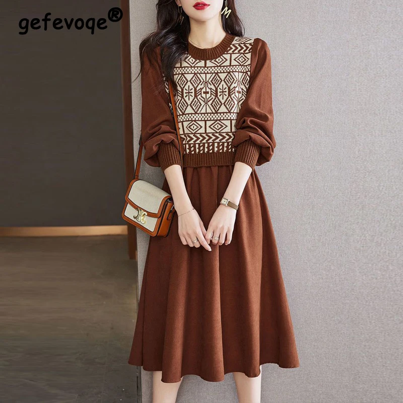 

Vintage Geometric Print Knitted Patchwork Sweet Street Midi Dress Women Autumn Winter Korean Fashion Casual Long Sleeve Dresses