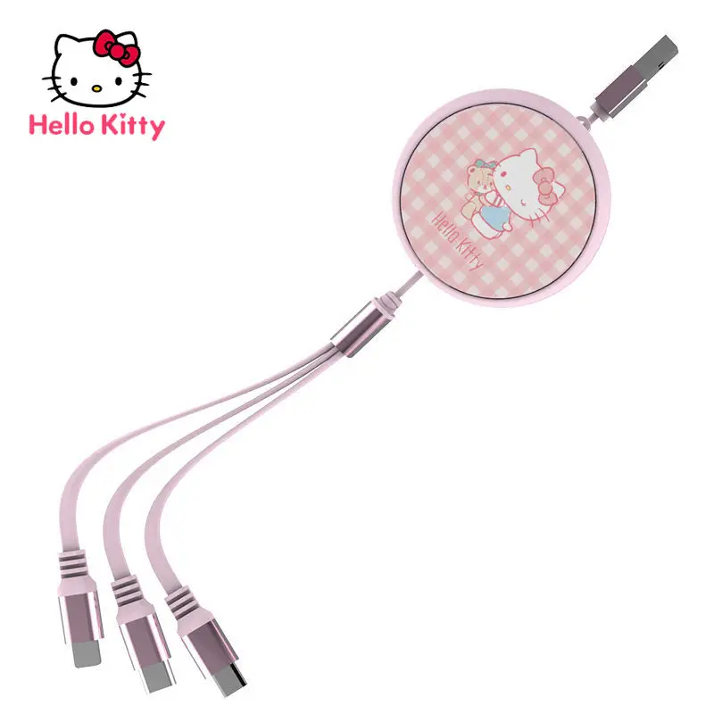 

Hello Kitty Telescopic Data Cable One Drag Three Cartoon Cute Pink Android Type-c Three-in-one Portable Fast Charging Cable