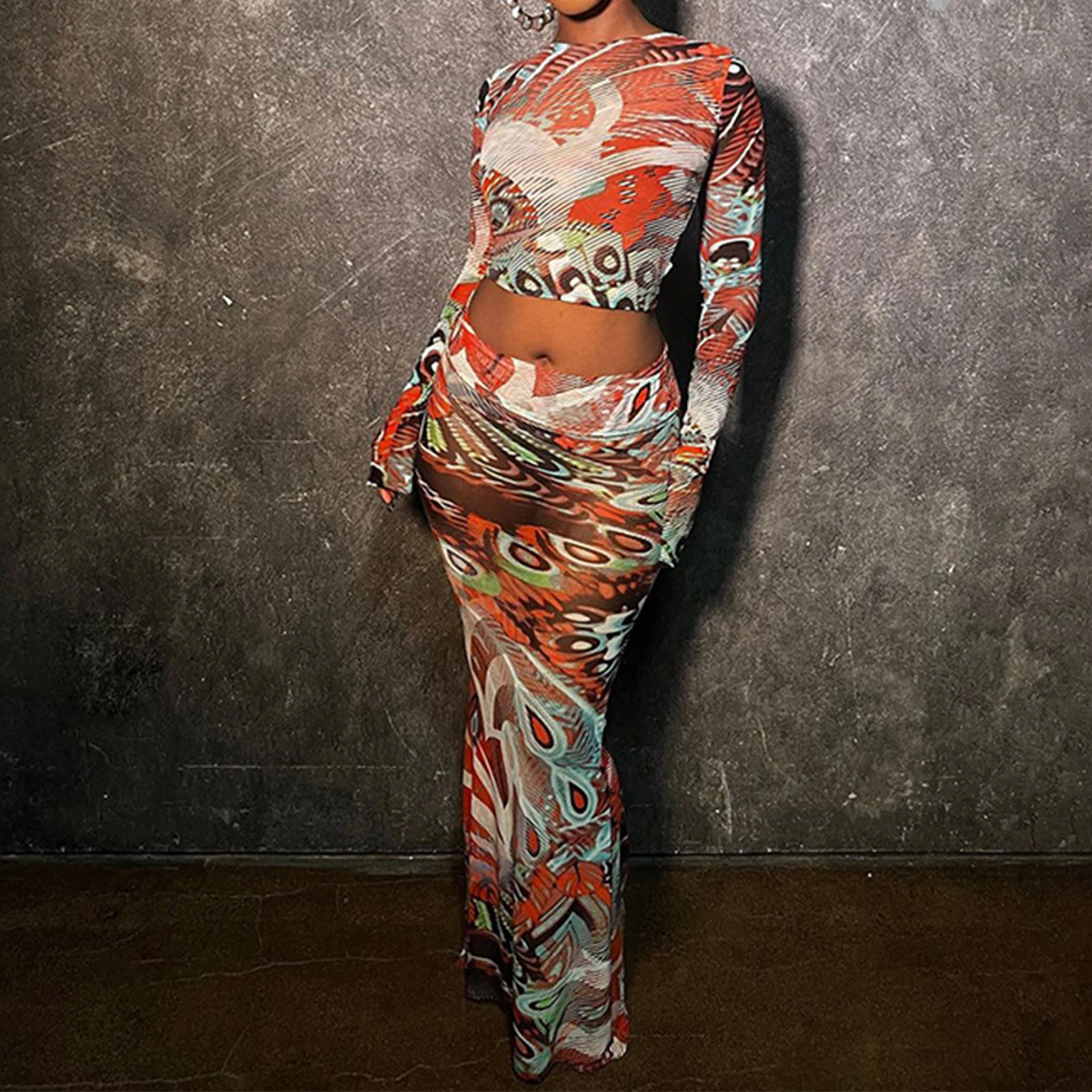 

Women 2023 Summer Autumn Crop Tops Mesh T-shirt Long Skirts 2 Piece Sets Long Sleeved Bodycon Vacation Beach Outfits Streetwear