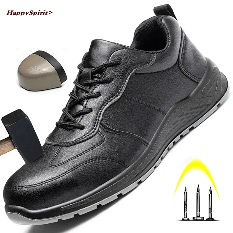 

Black Safety Shoes Men Steel Toe Shoes Work Shoes Sneakers Male Anti-puncture Indestructible Security Boots Waterproof Leather