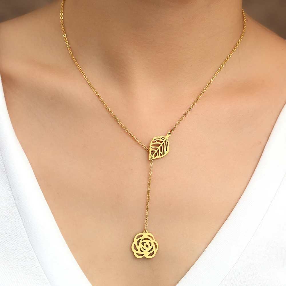 Stainless Steel Necklaces Vintage Delicate Temperament Leaves Rose Flower Pendant Charm Chains Choker Necklace For Women Jewelry |