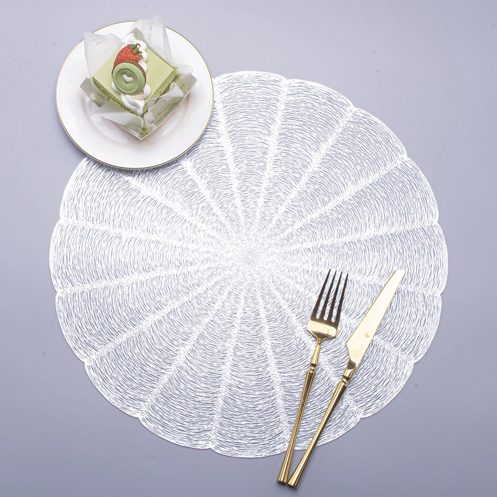 

Factory Direct PVC Hollow Placemat Luxury Silver High Quality Heat Resistant Place Mat Plain Table Mats Sets Hotel
