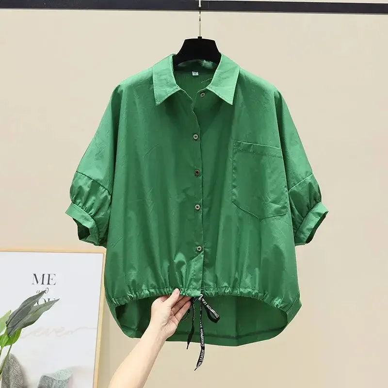 Фото Blusas, новая летняя рубашка с рукавами «летучая мышь», женская свободная повседневная короткая блузка с подолом на талии, однотонные укороченные топы, полубелые рубашки Lady ujfj №3