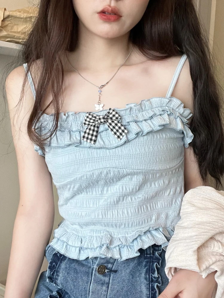 

Синяя Милая майка в японском стиле, Женские Элегантные дизайнерские майки с бантом в Корейском стиле, женские летние пляжные повседневные м...