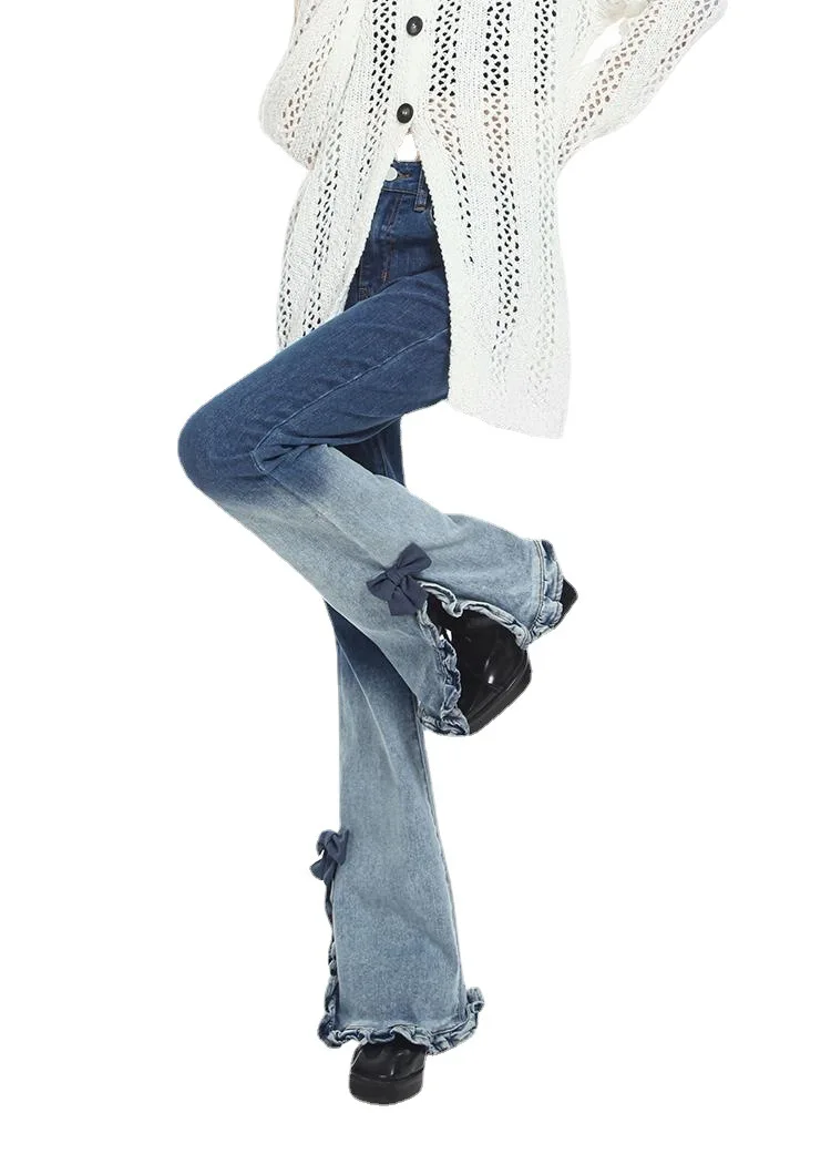 Edible Tree Fungus Gradient Jeans Woman 2023 Spring Summer High Waist Fashion Sweet Bow Slim Straight Wide Leg Denim Pants