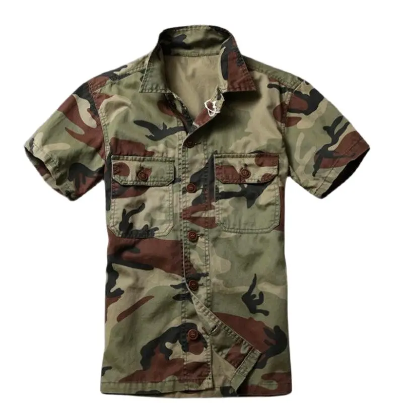 Men Military Camouflage Casual Shirt Short-Sleeved Cotton Cargo Uniform Loose Pockets Safari Army Tops