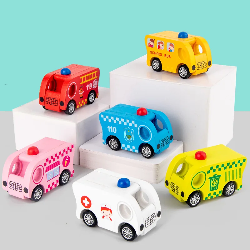 

Kids Mini Wooden Car Vehicle Toys Fire Truck School Bus Sanitation Car Recognition Pull Back Car Wooden Toys For Kids
