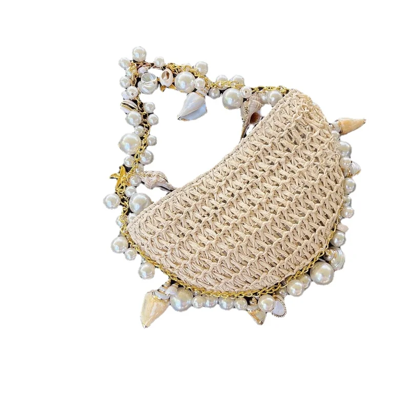 Handmade Woven Half Moon Straw Bag Designer Pearl Starfish Handbag Summer Bohemian Holiday Beach Bag Female Shoulder Bag