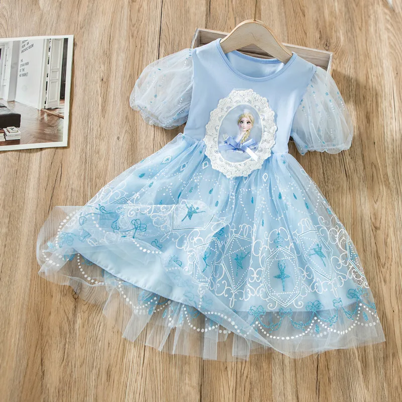 

Платья принцессы «Холодное сердце» для девочек, летняя детская одежда, красивые платья в Корейском стиле для дня рождения, Кружевной Костюм...