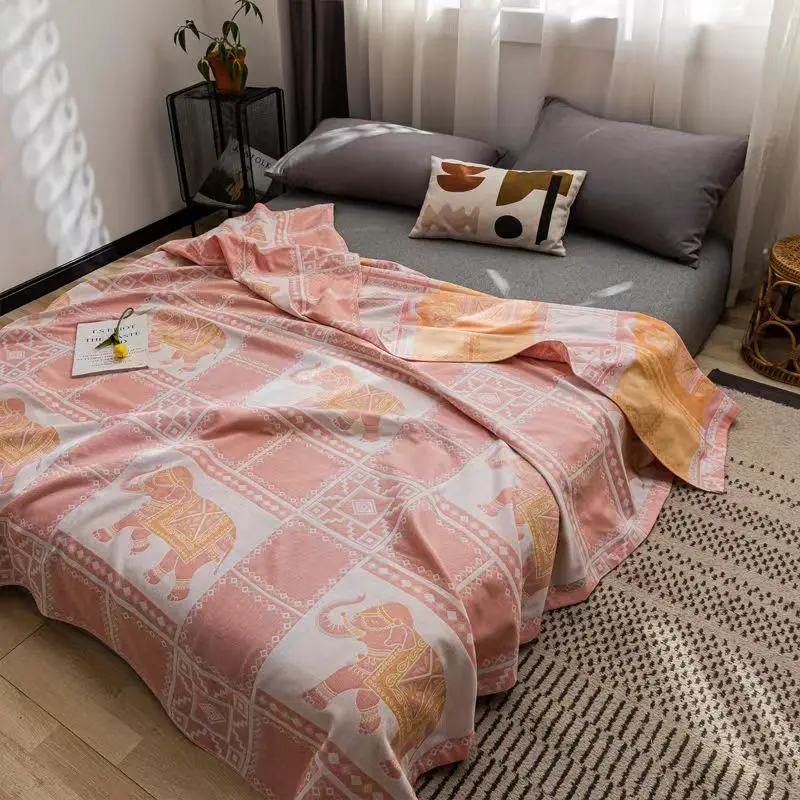 

Summer Towel Blanket For Bed Pure Cotton 2 Layer Yarn Elephant Pattern Sofa Cover Throw Single Double Bedding Twin Queen Size