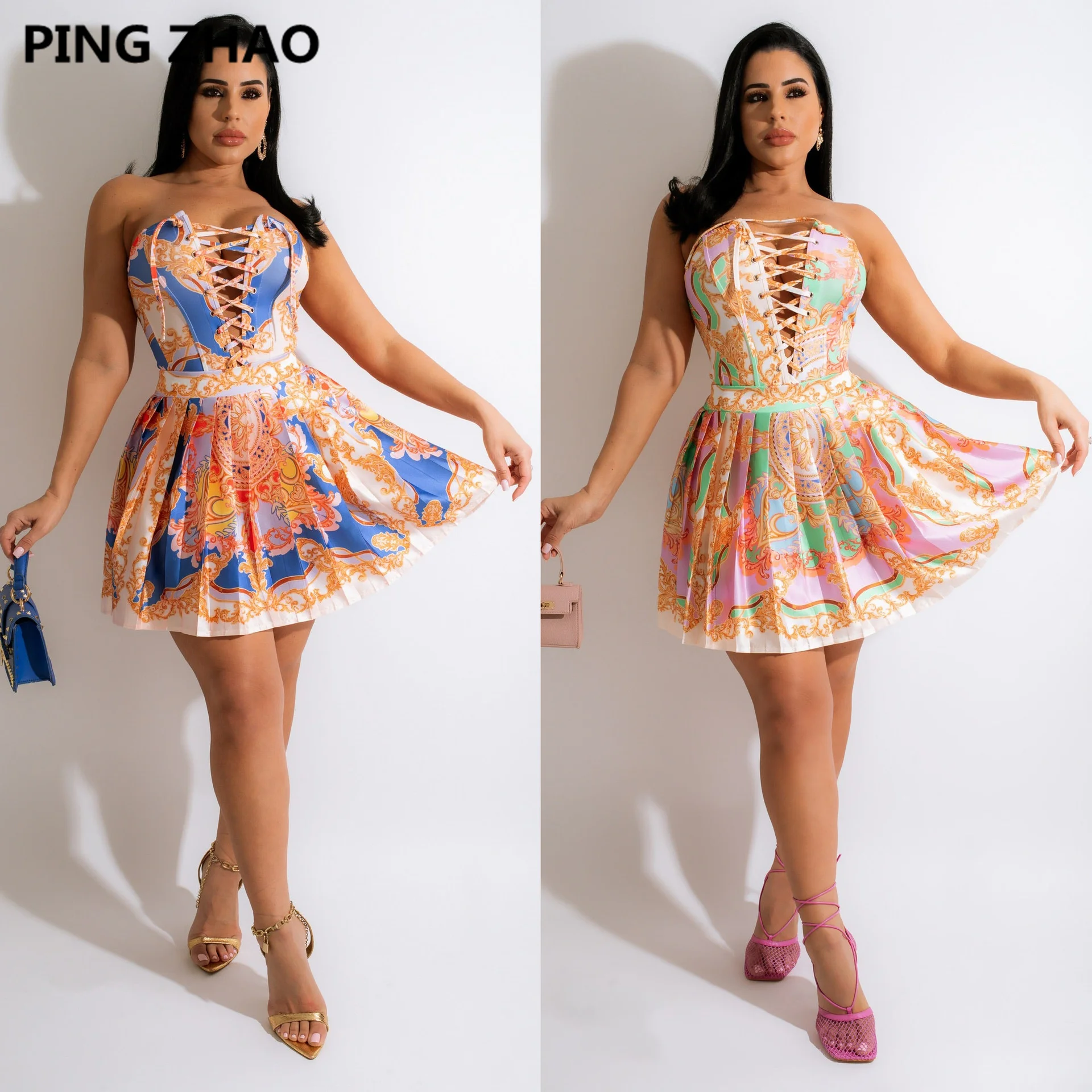 

Женская туника с принтом пейсли PING ZHAO, плиссированная юбка и кружевной кроп-Топ без бретелек, комплект из двух предметов