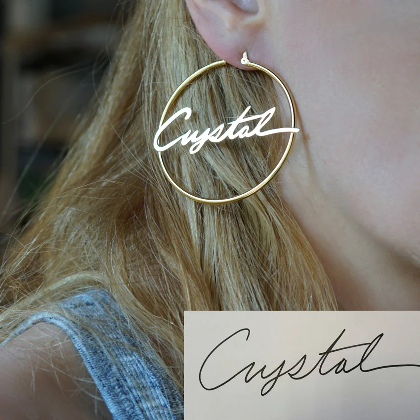 

Custom Handwritten Name Round Earrings for Women Personalized Gold Stainless Steel Hoop 30-100MM Earrings Nameplate Jewelry Gift