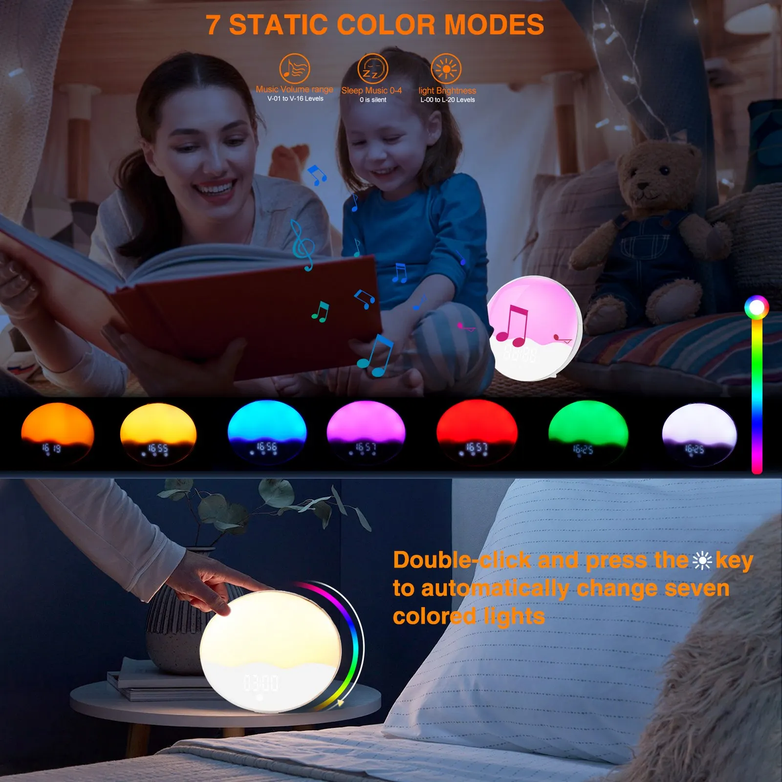 

Будильник светильник с функцией умного пробуждения и спящего режима, умный ночник с имитацией заката, FM-радио, 7 цветов, прикроватная лампа