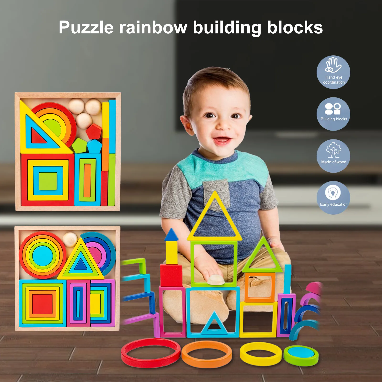 

Kids Wooden Box Geometric Shape Rainbow Building Blocks Wood Baby Toy Assembling Variety Children Montessori Educational Toys