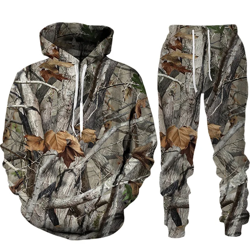 Funny3D Printing Bionic Maple Leaf and Pine Tree Camouflage Unisex Clothing Men's Pullover+Pants Set 2 Piece Casual Men's Hoodie