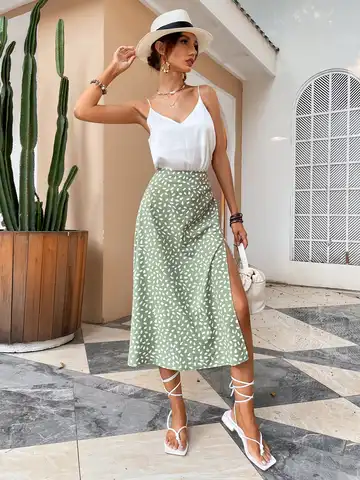 Green Boho Split Thigh Allover Print Women Skirts 2022 Elegant Dresses  Slit Long Length High Waist With Zipper Slight Stretch